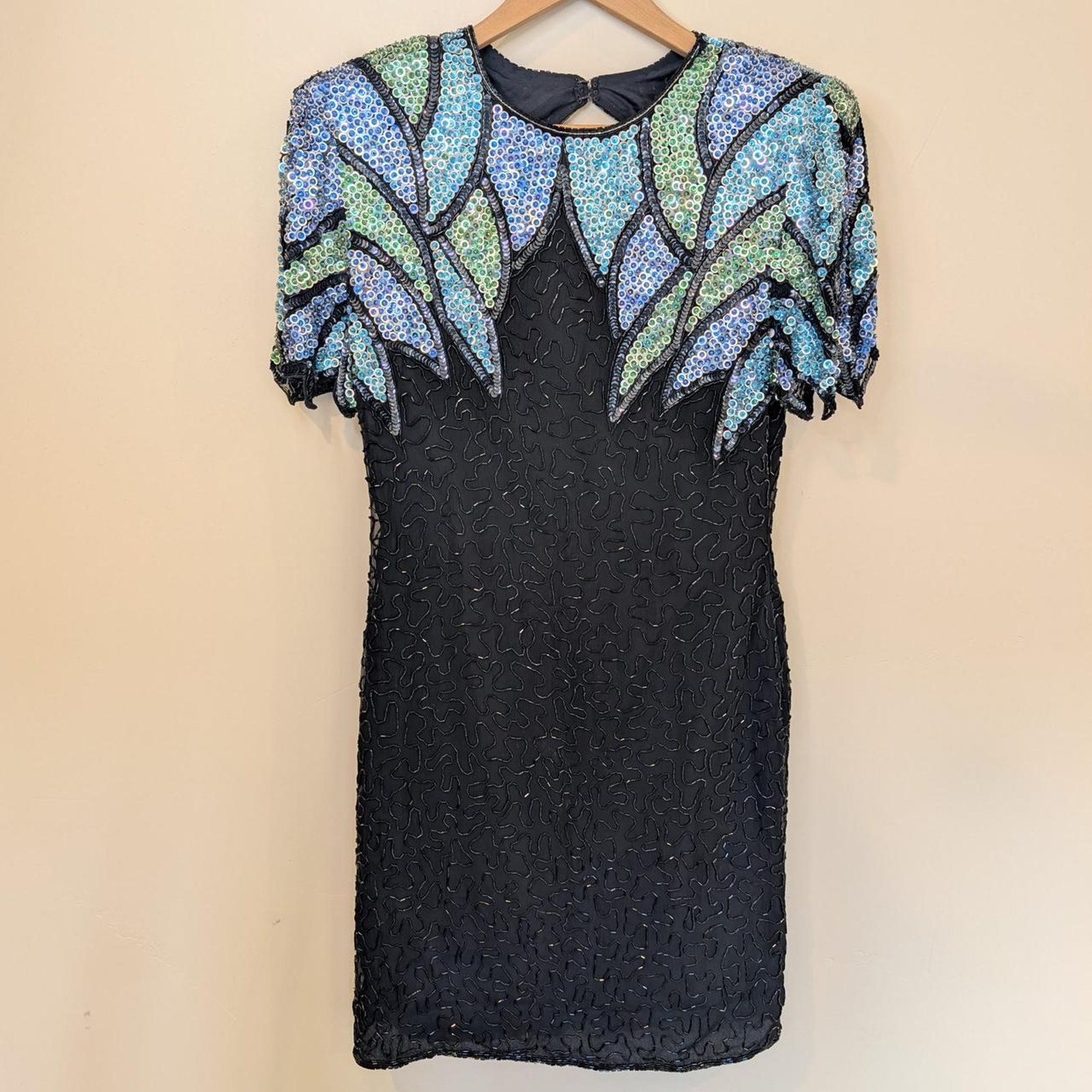 Vintage Scala Beaded Dress Silk L Black Teal Blue Iridescent Sequin Keyhole 90s
